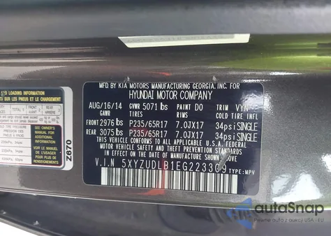 2014 Hyundai Santa Fe Sport 2.4L z USA, uszkodzony, nr VIN 5XYZUDLB1EG223309